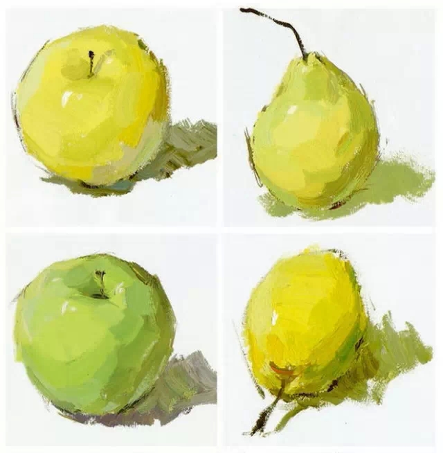 色彩教学 正文     绿苹果的画法:一般用淡绿,橄榄绿,土黄画暗部,灰部