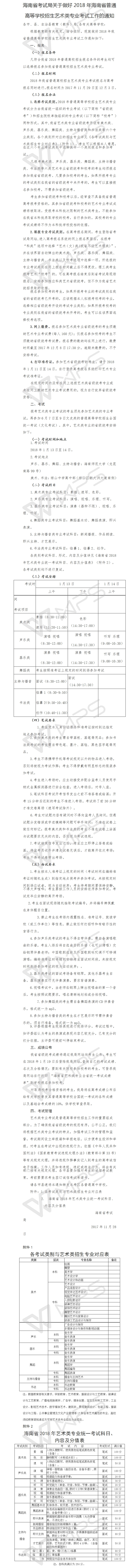 2018年海南艺术类专业考试通知