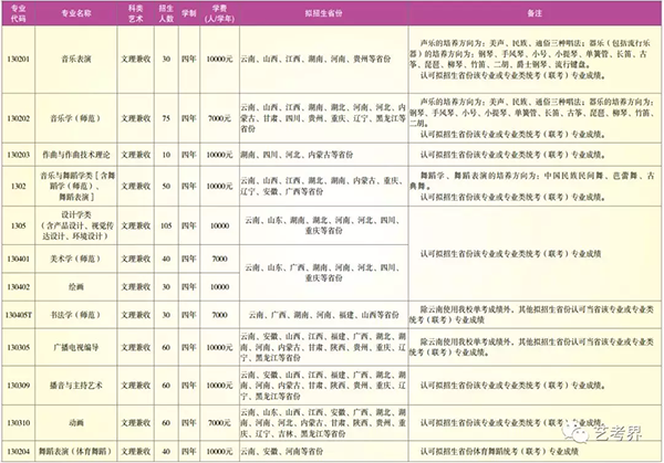 云南师范大学2019年艺术类专业招生计划